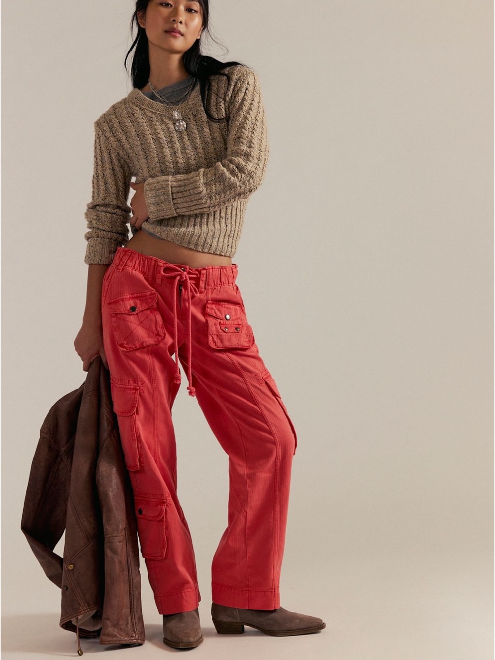 Free People Coral Red Cargo Drawstring Track Pants Retail $138